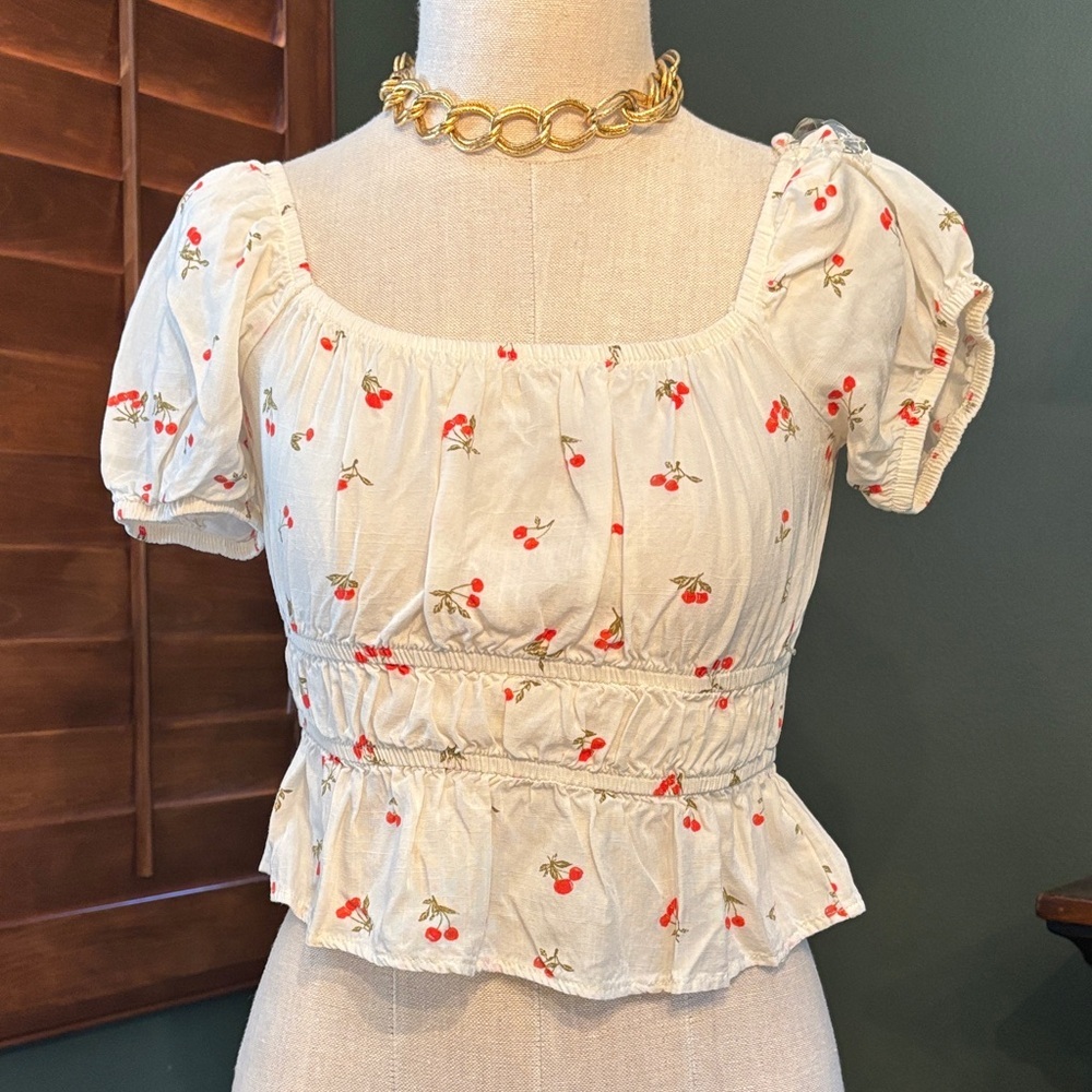 Romantic Cherry Cottage-core Puff Sleeve Top 🍒